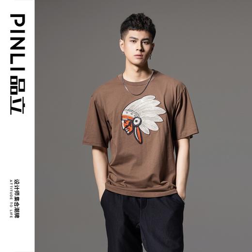 PINLI品立夏季新款印第安人贴布绣圆领短袖T恤男BG242111030 商品图4