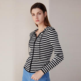 【黑白条纹连帽针织外套】24年春夏新品女士棉桑蚕丝修身显瘦运动外套