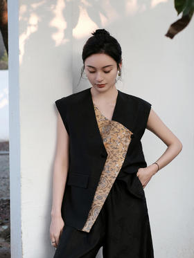 微瑕秒杀|盛唐牡丹 |龟纹香云纱拼宋锦马甲[特价品](特殊商品不退不换)