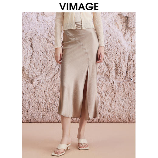 VIMAGE纬漫纪夏季新款不对称剪裁开叉包臀高腰缎面气质半身裙V2106719 商品图0