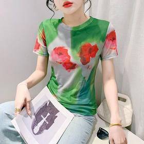 KQL-9923春新款短袖定位印花圆领网纱t恤女时尚修身显瘦打底衫