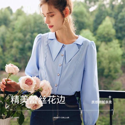 OLrain法式白色长袖衬衫女早秋2022年新款宽松蕾丝拼接设计感衬衣 商品图1