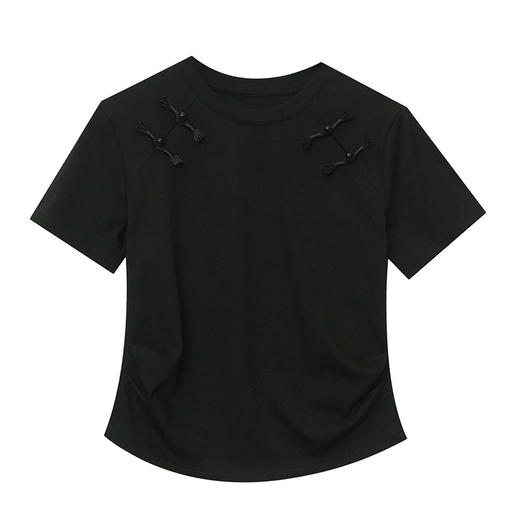 KQL-9897新款国风改良褶皱短袖T恤女潮国潮女装中国风复古风盘扣上衣 商品图4