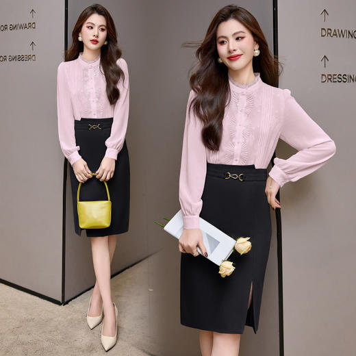 职业干练气质套装，高级感时尚衬衫包臀半身裙两件套RJLBH A666-6 商品图1