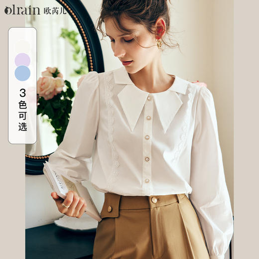 OLrain法式白色长袖衬衫女早秋2022年新款宽松蕾丝拼接设计感衬衣 商品图0