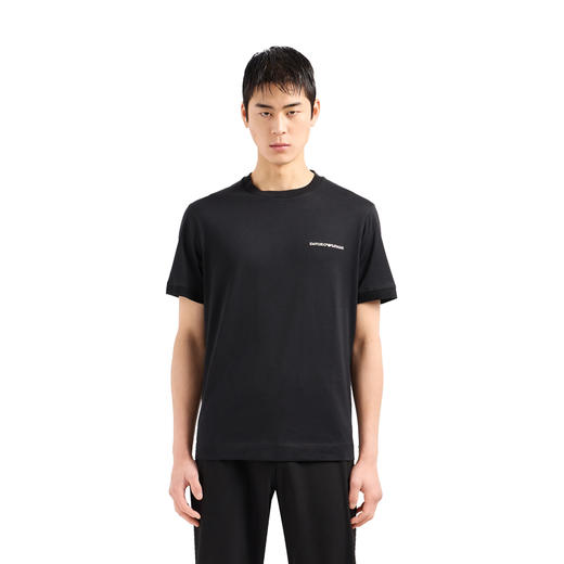 EMPORIO ARMANI 阿玛尼 男士徽标刺绣和罗纹饰边轻质平纹针织圆领短袖T恤 黑色 3D1TN3 1JOCZ 0033 商品图1