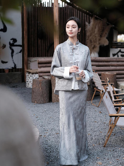 盛唐牡丹 |玛瑙灰提花真丝半裙 商品图6