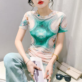 KQL-9925春新款短袖定位印花圆领网纱t恤女时尚修身显瘦打底衫