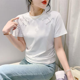 KQL-9897新款国风改良褶皱短袖T恤女潮国潮女装中国风复古风盘扣上衣