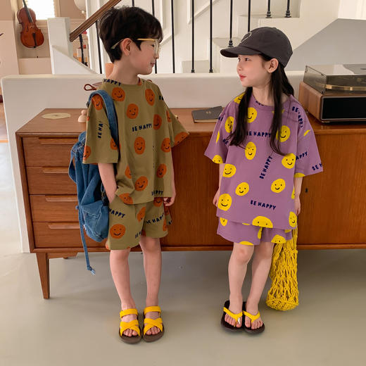  【出游behappy靓仔！】童套装2024夏款男童女童宽松休闲舒服韩版笑脸印花兄妹装 商品图1