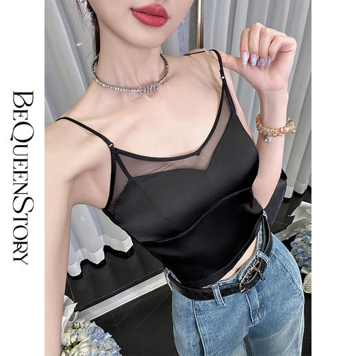 BeQueenStory【墨色生香】16姆米弹力真丝缎自带胸垫性感网纱吊带 商品图2