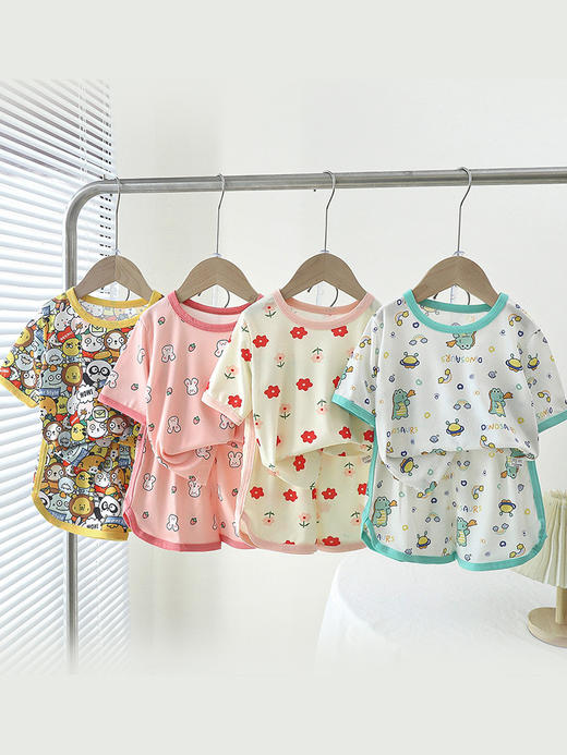 【超舒适！冰丝短袖套装】儿童短袖短裤套装女童夏季冰丝小碎花印花家居服男宝宝卡通短袖T 商品图0