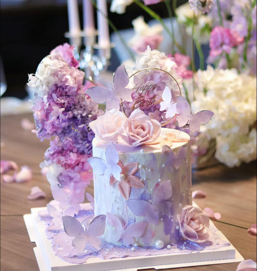 梦幻紫色女生女神玫瑰蝴蝶生日蛋糕 商品图1