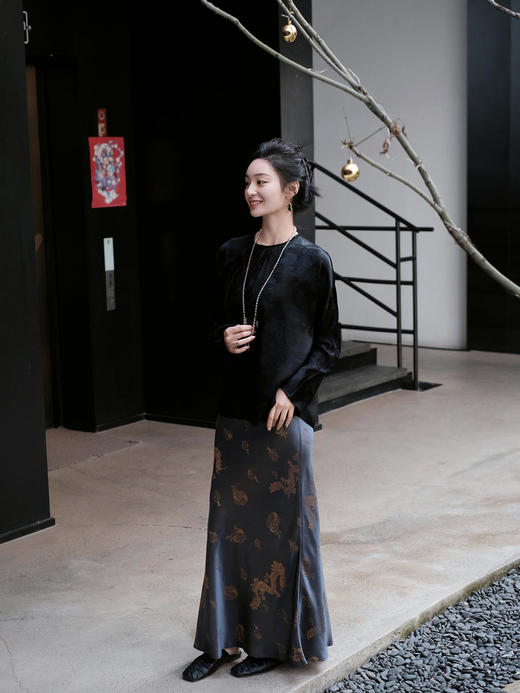 盛唐牡丹 | 真丝提花龙纹平版松紧腰半裙 商品图8