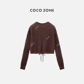 COCO ZONE2024时尚镂空抽绳毛针织衫纯色圆领长袖上衣CC1A0611