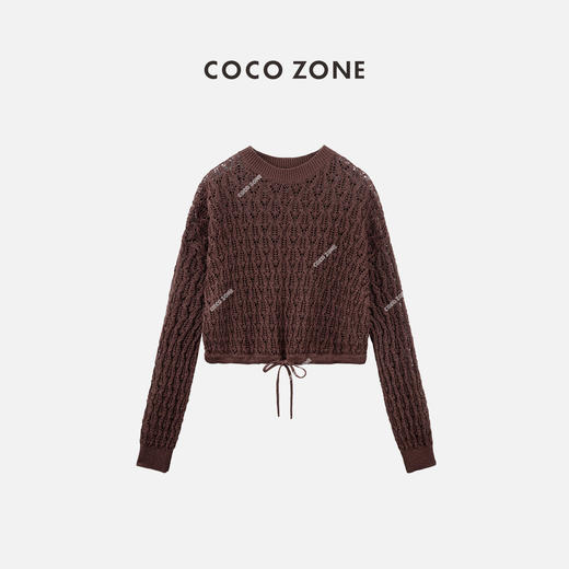 COCO ZONE2024时尚镂空抽绳毛针织衫纯色圆领长袖上衣CC1A0611 商品图0