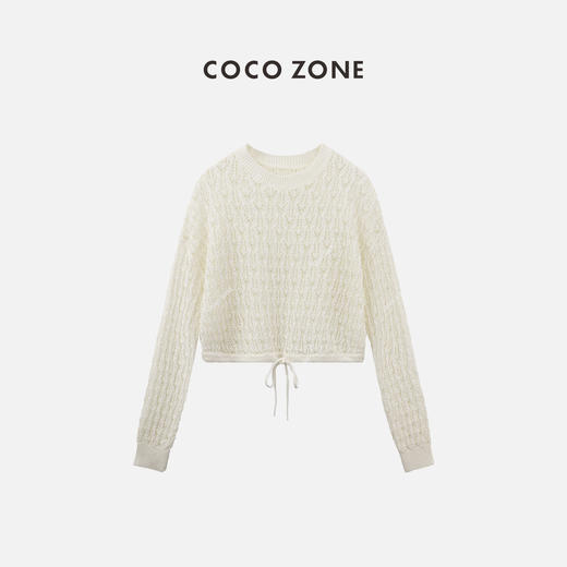 COCO ZONE2024时尚镂空抽绳毛针织衫纯色圆领长袖上衣CC1A0611 商品图1