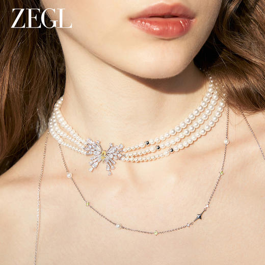 ZEGL设计师绿野漫迹系列925银人造珍珠项链女蝴蝶颈链锁骨链长链 商品图3