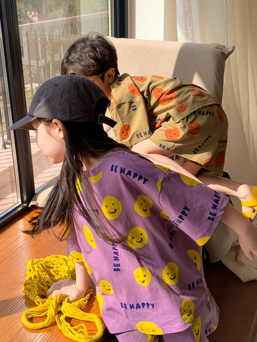  【出游behappy靓仔！】童套装2024夏款男童女童宽松休闲舒服韩版笑脸印花兄妹装 商品图4