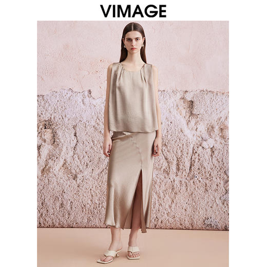 VIMAGE纬漫纪夏季新款不对称剪裁开叉包臀高腰缎面气质半身裙V2106719 商品图1