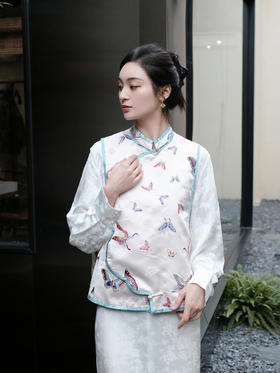 盛唐牡丹 |福蝶手推绣真丝偏襟马甲