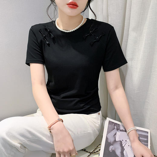 KQL-9897新款国风改良褶皱短袖T恤女潮国潮女装中国风复古风盘扣上衣 商品图5