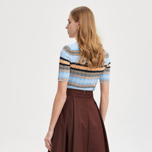 PF6A1斯尔丽夏季新品丝质条纹常规款宽松中袖针织衫 商品图1