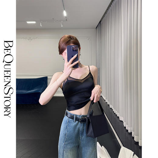 BeQueenStory【墨色生香】16姆米弹力真丝缎自带胸垫性感网纱吊带 商品图4