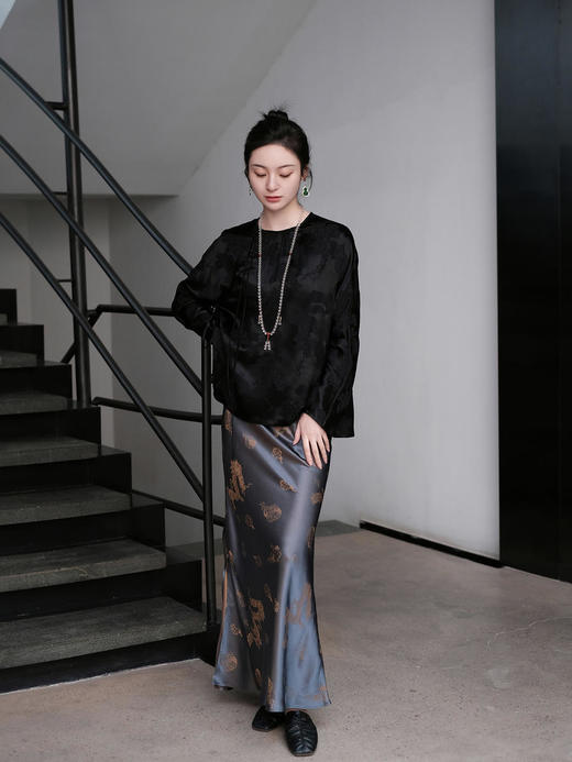 盛唐牡丹 | 真丝提花龙纹平版松紧腰半裙 商品图7