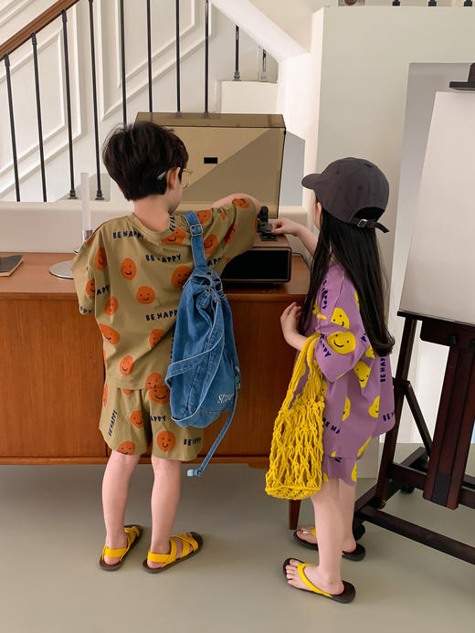 【出游behappy靓仔！】童套装2024夏款男童女童宽松休闲舒服韩版笑脸印花兄妹装 商品图3