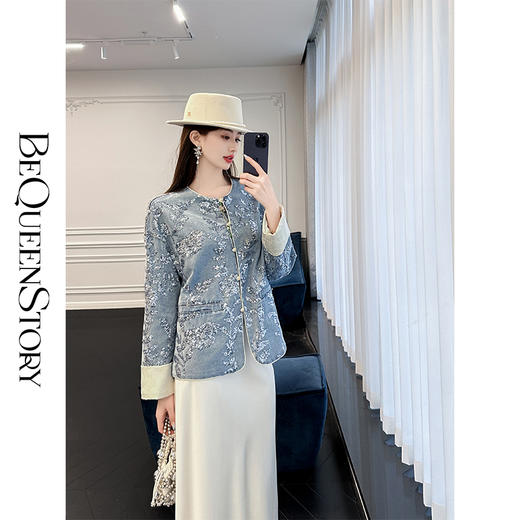 【孤品样衣，不退不换】 【火树银花】新中式重工国风亮片高级感圆领牛仔外套 商品图0