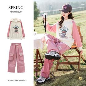 女童连帽运动套装2024新款休闲两件套中大童春秋卫衣工装裤两件套