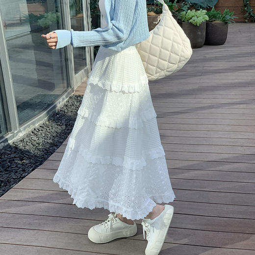 【法式蛋糕蕾丝裙】气质白色蕾丝花边半身裙  高腰A字中长款温柔风垂感蓬松半裙 商品图3