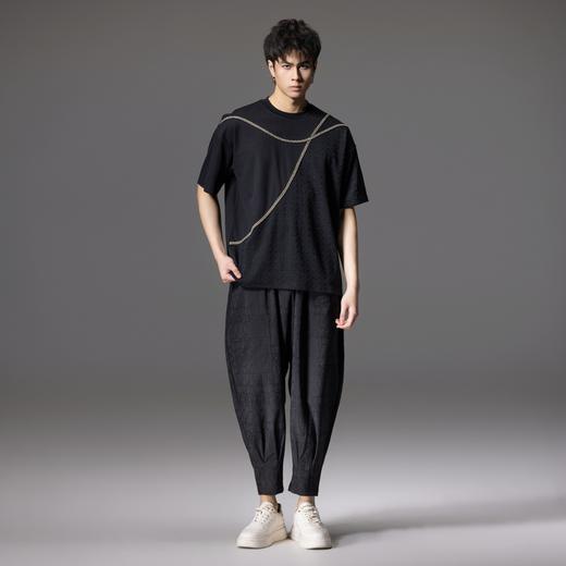 PINLI品立2024夏季新款男士拼接短袖T恤锁链织带潮牌宽松休闲体恤B242111042 商品图4