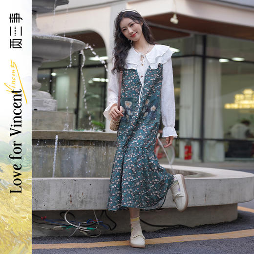 两三事梵高艺术绿野仙境 春季新款碎花拼接双层领假两件连衣裙 商品图0