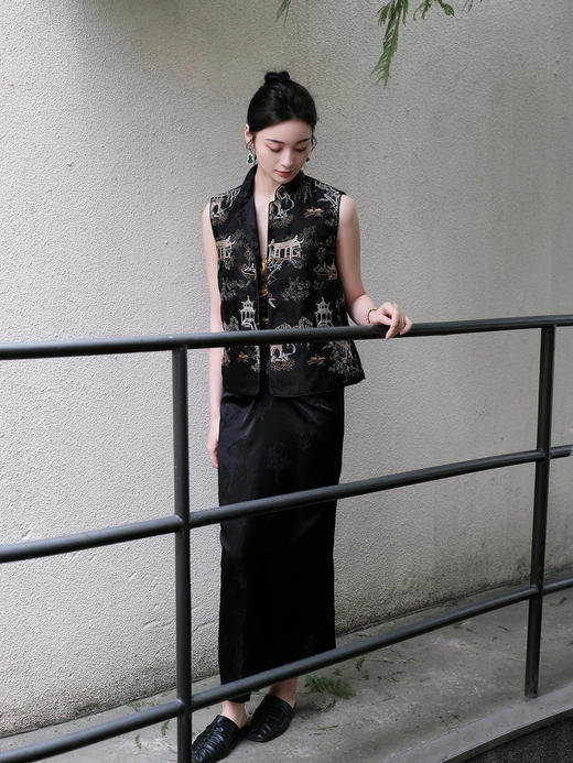 盛唐牡丹 |黑色真丝绡如意湖亭马甲 商品图11