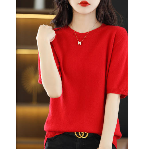 丁摩~100纯羊毛圆领五分袖针织衫女春秋短袖上衣宽松中袖T恤纯色打底衫JJIA209 商品图3