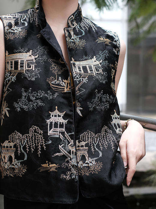 盛唐牡丹 |黑色真丝绡如意湖亭马甲 商品图2