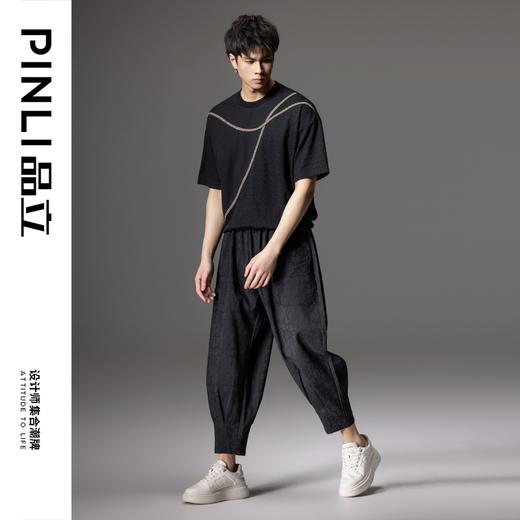 PINLI品立2024夏季新款男士拼接短袖T恤锁链织带潮牌宽松休闲体恤B242111042 商品图1