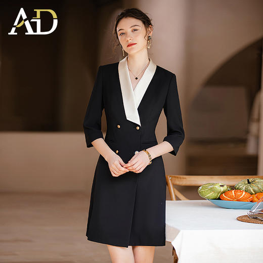 AD高级感香槟色接拼领醋酸连衣裙女2023春夏双排扣西装裙主持服装 商品图1