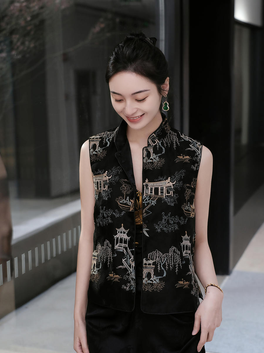 盛唐牡丹 |黑色真丝绡如意湖亭马甲