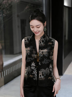 盛唐牡丹 |黑色真丝绡如意湖亭马甲