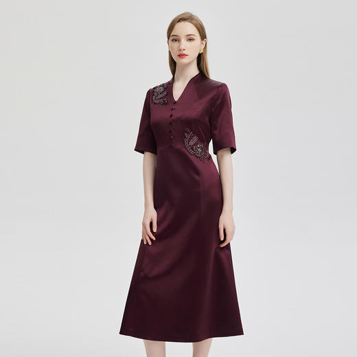 PE819斯尔丽24新款气质名媛气场十足立V领型收腰放摆礼服式连衣裙 商品图0