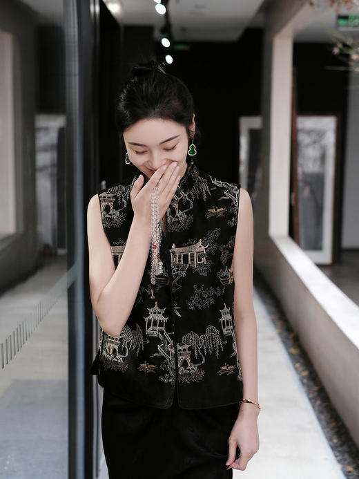 盛唐牡丹 |黑色真丝绡如意湖亭马甲 商品图6