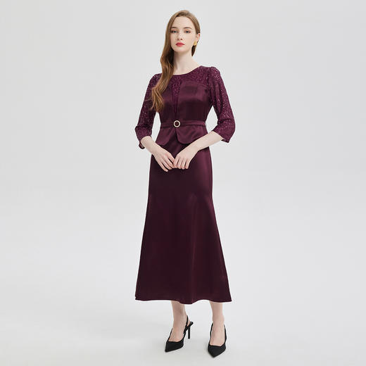 PE818斯尔丽24新款法式浪漫拼接蕾丝假两件式七分袖奢华简约礼服连衣裙 商品图3