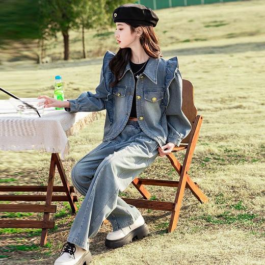 女童春装套装2024新款洋气女大童春秋款儿童春季牛仔阔腿裤两件套 商品图3