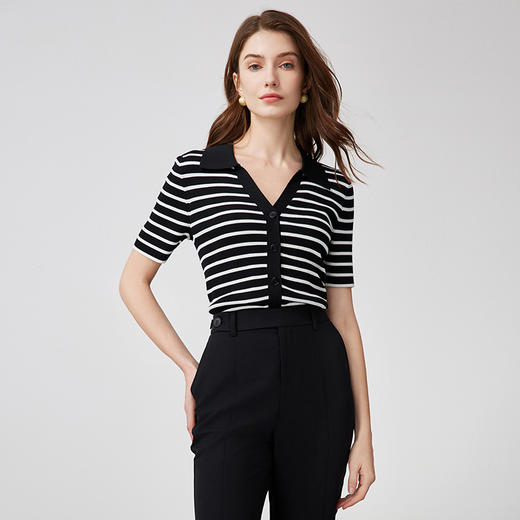 EITIE爱特爱修身显瘦黑白条纹翻领气质百搭针织衫上衣夏新款B2401306针织衫 商品图1