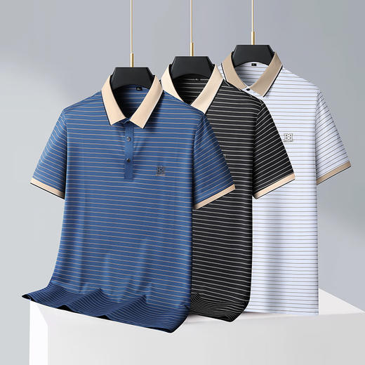 【冰丝高弹】【新款DWP】大依优型大码条纹短袖Polo衫翻领加肥加大男士大号弹力透气舒适夏季半袖 商品图1