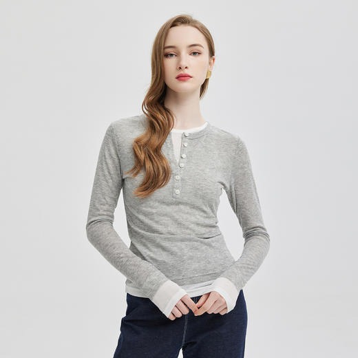 PE700斯尔丽24新款时尚百搭柔软拼色圆领可扣可解两件横机针织上衣 商品图0