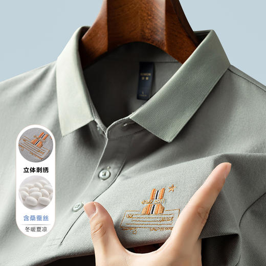 【含桑蚕丝】罗蒙夏季男士休闲商务polo衫男短袖男夏季薄款绣花冰丝t恤男短袖 商品图4